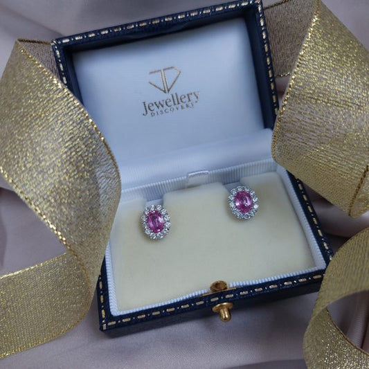 Vintage Pink Sapphire and Diamond Oval Cluster Stud Earrings