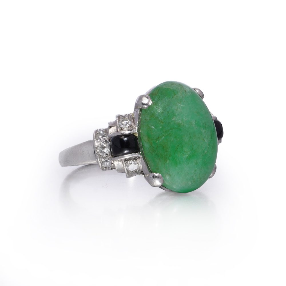 Natural No Heat 6.40ct Jadeite Jade Onyx and Diamond Ring in Platinum