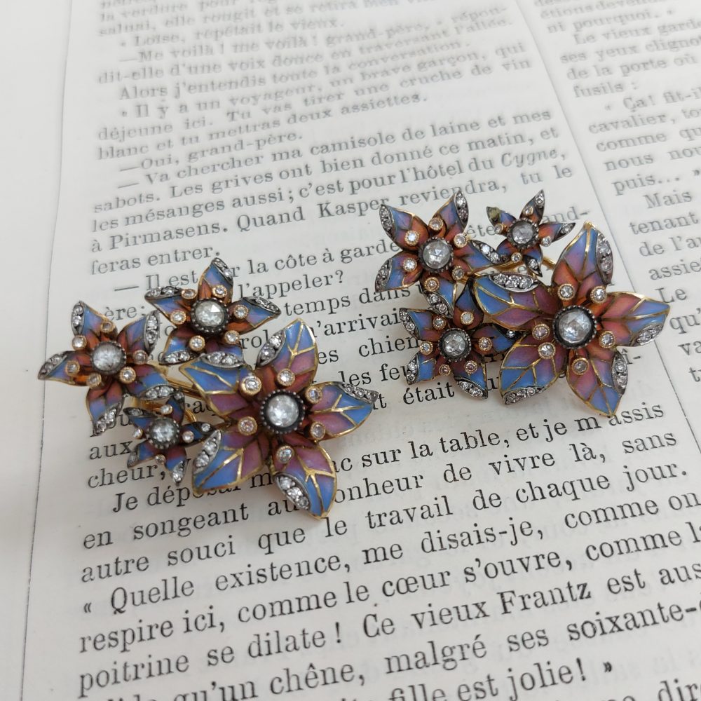 Plique à Jour Enamel and Diamond Flower Earrings