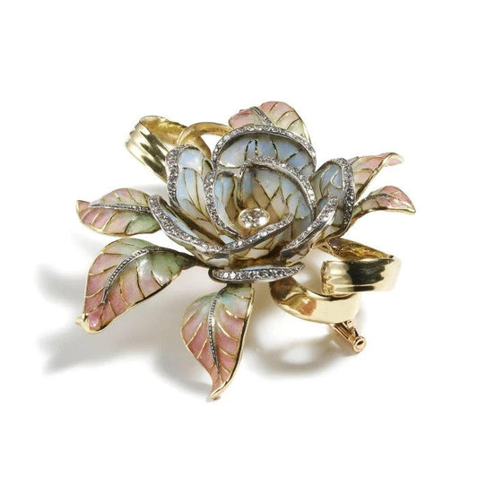 Plique a Jour Enamel and Diamond Flower Brooch, 1.44 carat total