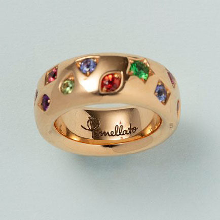 Pomellato Ionica 1T995 Multi Gemstone Set 18ct Yellow Gold Band Ring, 2.44cts pink tourmaline, orange sapphire, blue sapphire, tsavorite garnet, red spinel, blue zircon, tanzanite, demantoid garnet and amethyst