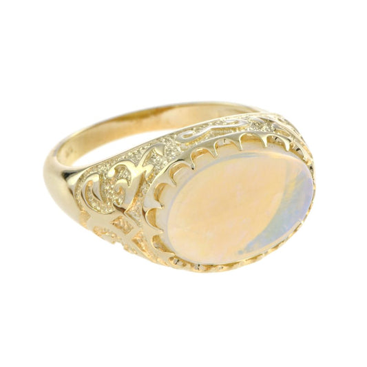 Antique Style Opal and Yellow Gold Engraved Signet Ring