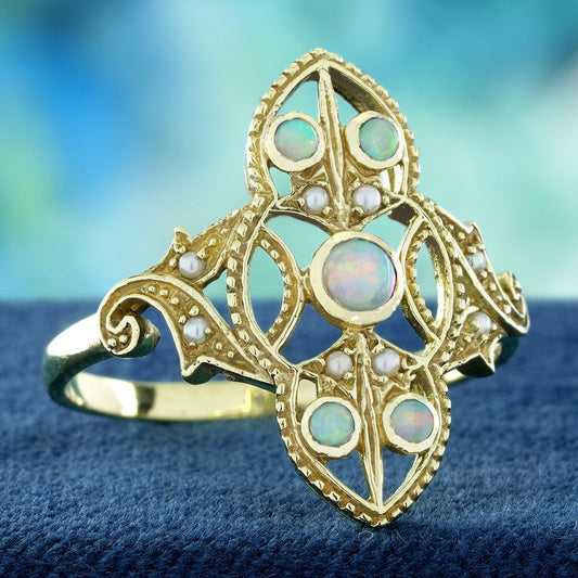 Opal and Pearl Set Openwork Navette Ring