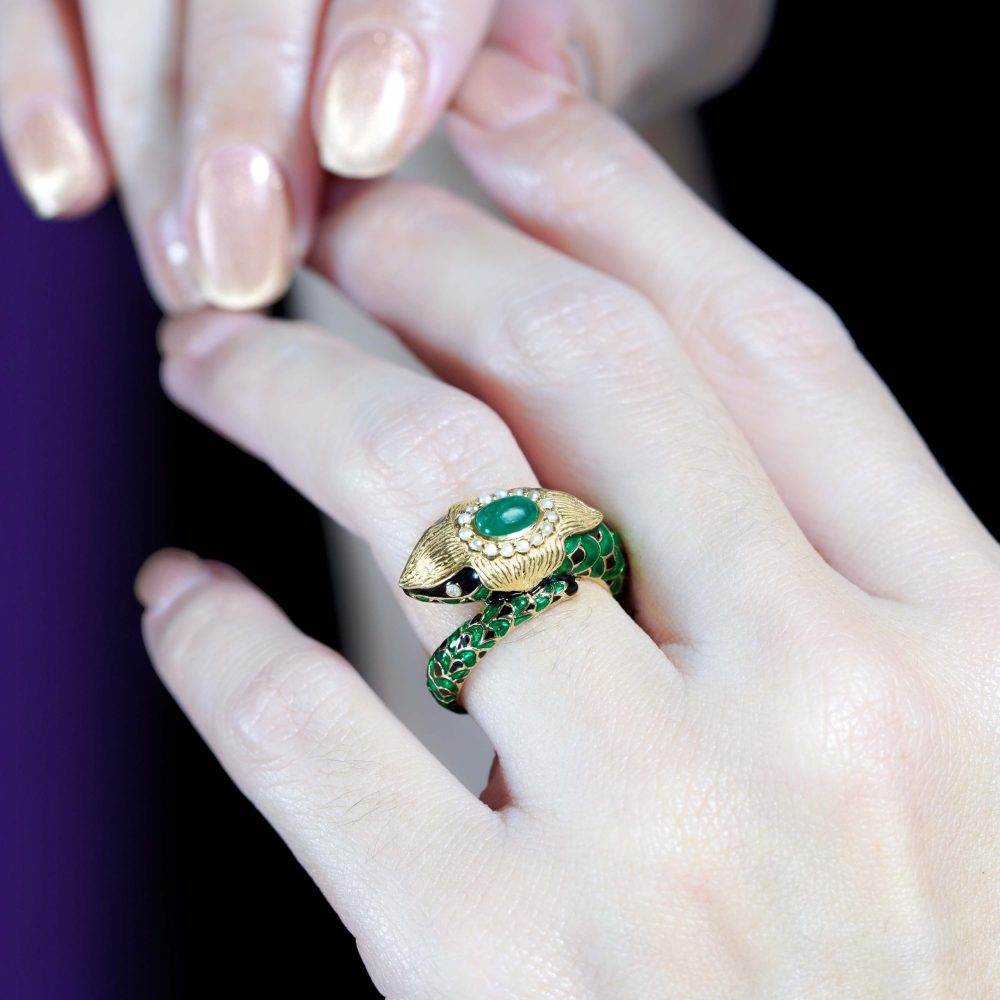 Green Enamel Snake Ring with Cabochon Emerald and Pearl