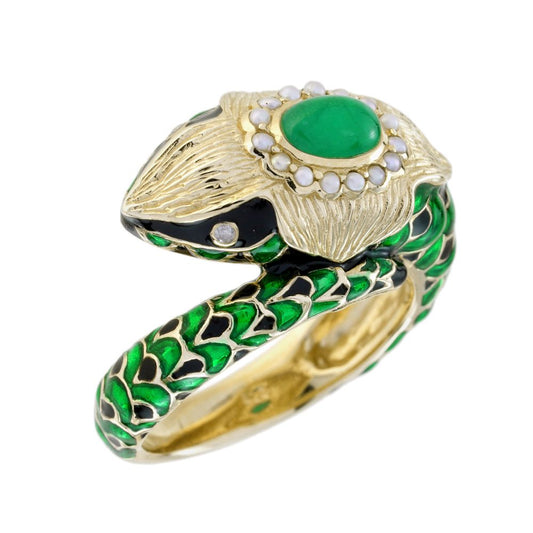 Green Enamel Snake Ring with Cabochon Emerald and Pearl