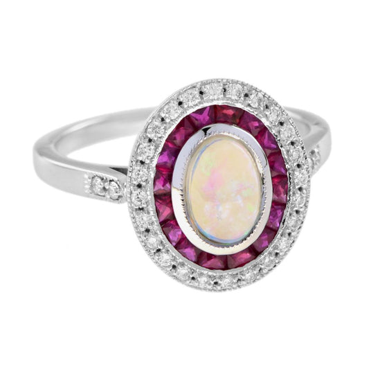 Australian Opal Ruby and Diamond Halo Cluster Ring