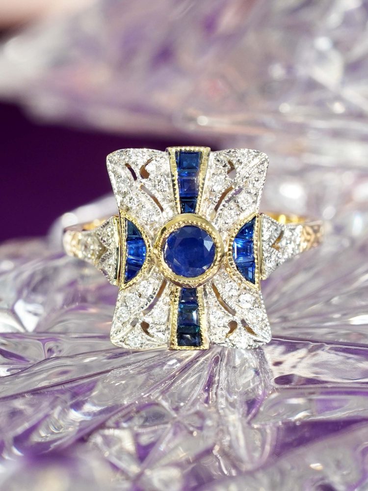Sapphire and Diamond Cluster Panel Ring