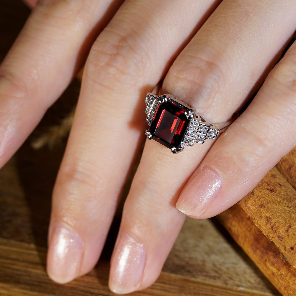 4.10ct Emerald Cut Rhodolite Garnet and Diamond Engagement Ring