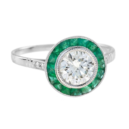 Certified 1ct Diamond and Calibre Emerald Target Cluster Engagement Ring in Platinum