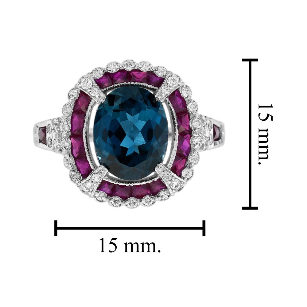 2.45ct Oval London Blue Topaz Ruby and Diamond Cluster Dress Ring