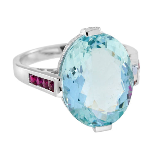 6.34ct Aquamarine Solitaire Ring with Ruby Shoulders