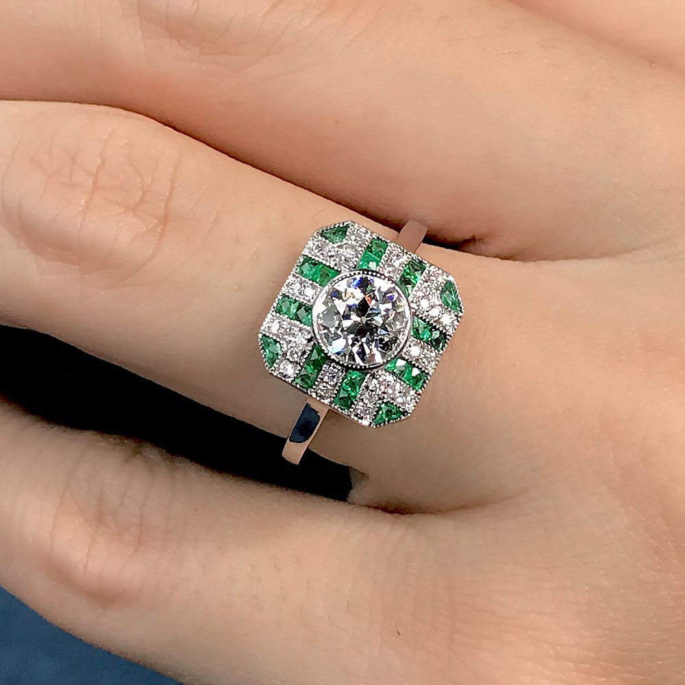 GIA Certified 0.93ct Old Cut Diamond and Emerald Cluster Engagement Ring