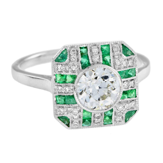 GIA Certified 0.93ct Old Cut Diamond and Emerald Cluster Engagement Ring