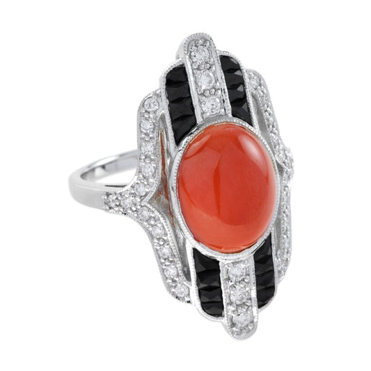 Art Deco Inspired 3ct Coral Onyx and Diamond Plaque Ring