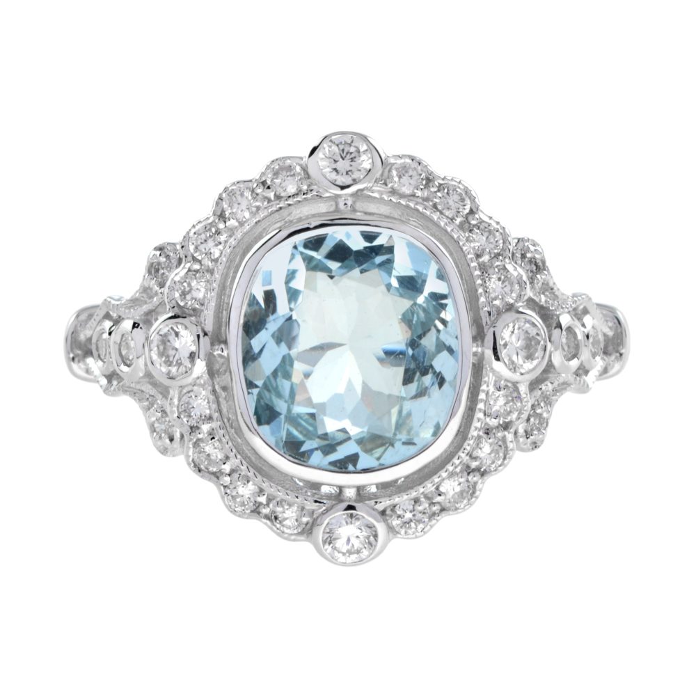 1.70ct Cushion Shape Aquamarine and Diamond Cluster Engagement Ring