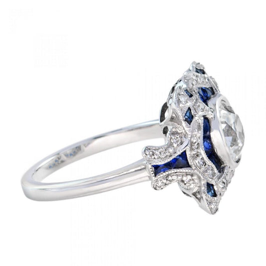 Art Deco Style GIA Certified 1.52ct Diamond and Sapphire Dress Ring