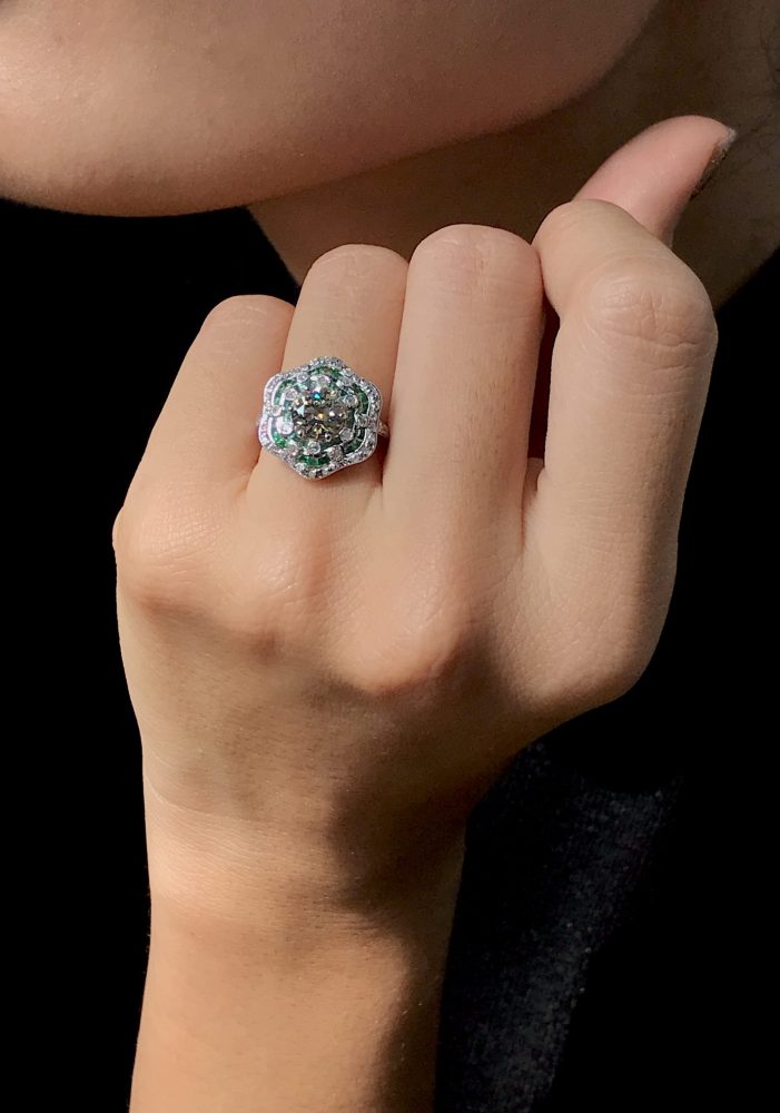 Certified 1.28ct Fancy Yellow Old Mine Cut Diamond and Emerald Floral Cluster Ring