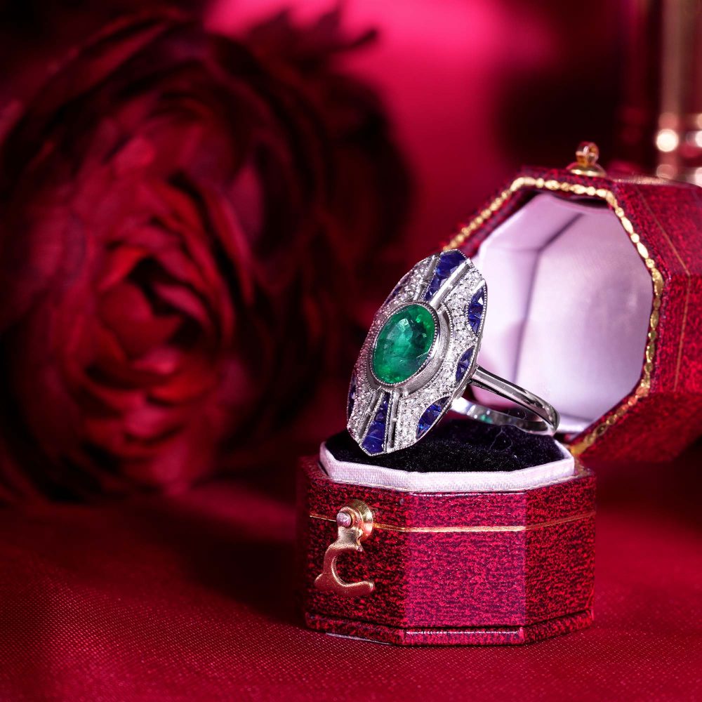 2.20ct Emerald Sapphire and Diamond Oval Cluster Plaque Ring