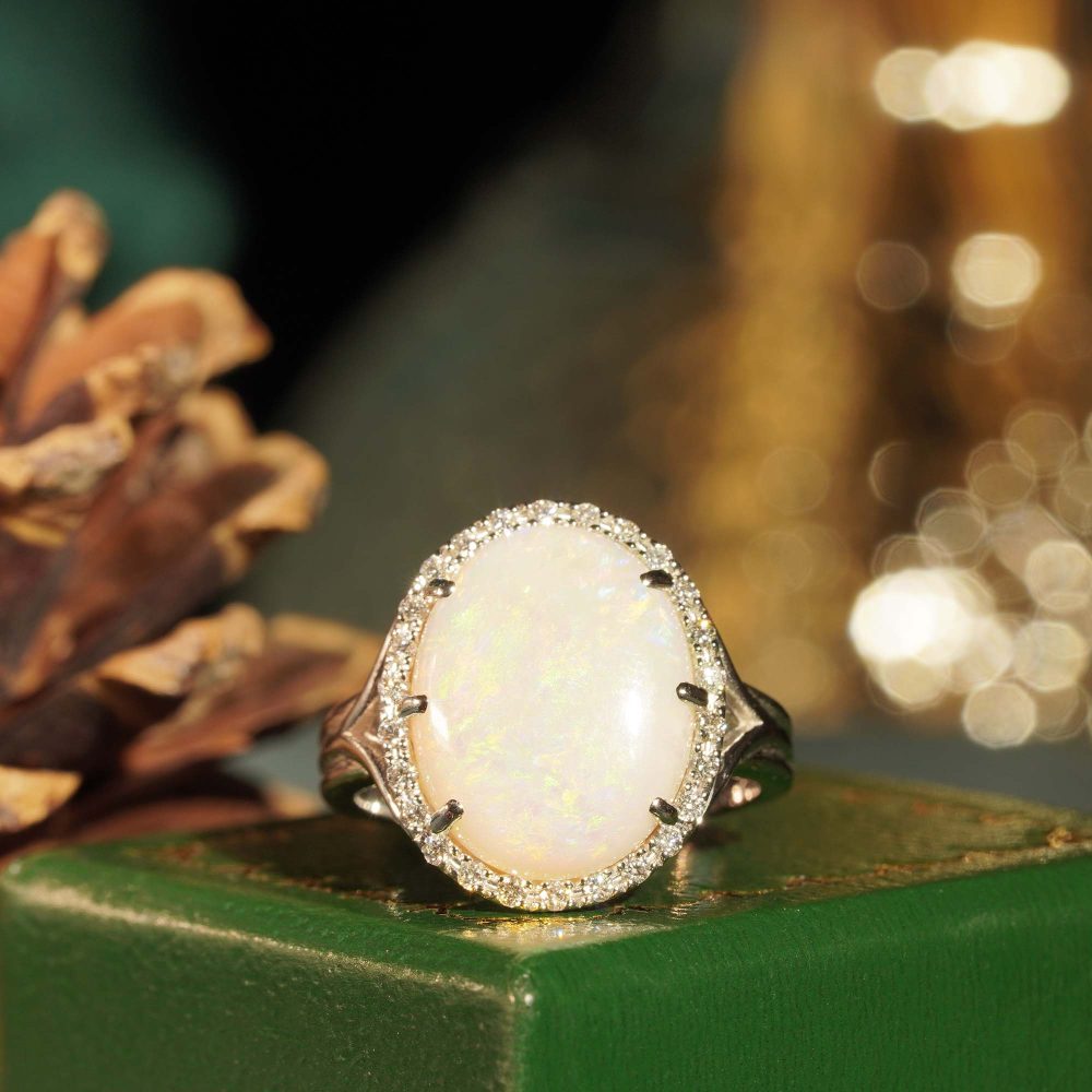 2.53ct Opal and Diamond Halo Cluster Cocktail Ring
