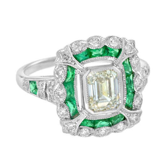 GIA Certified 1ct Emerald Cut Diamond and Emerald Cluster Engagement Ring