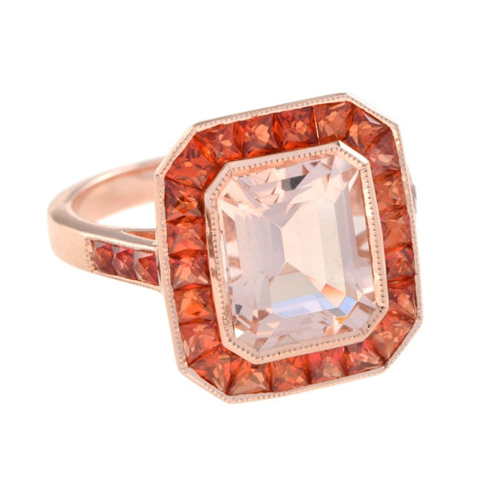 3.25ct Emerald Cut Morganite and Orange Sapphire Halo Cluster Ring in 18ct Rose Gold