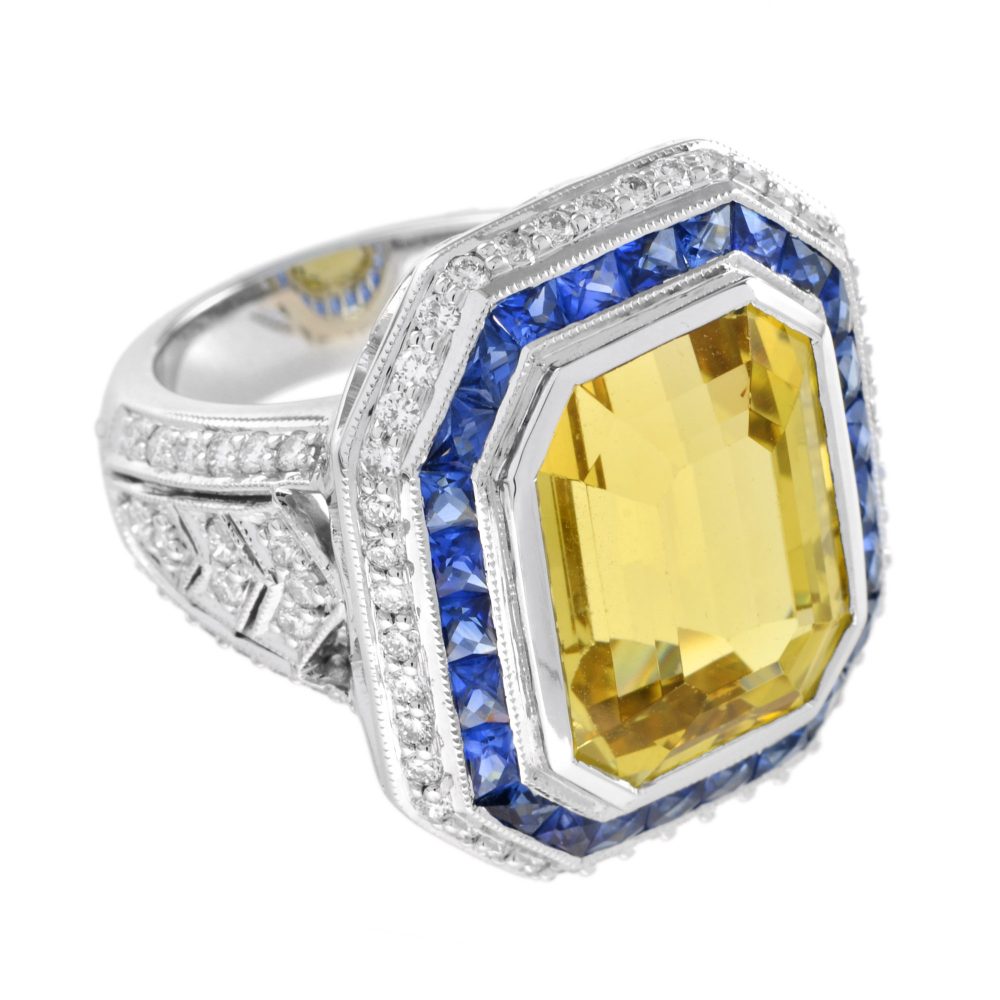 14ct Heliodor Golden Beryl, Ceylon Sapphire and Diamond Cocktail Ring