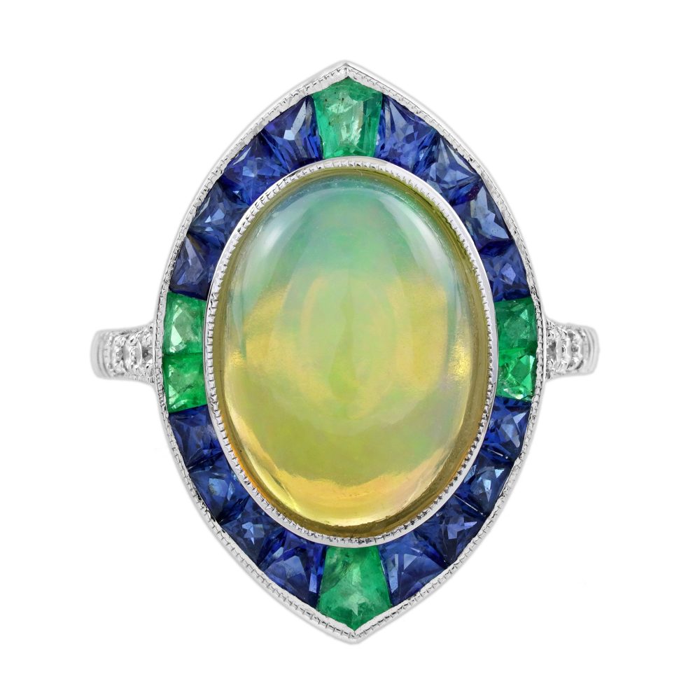 Oval 4.45ct Opal Emerald Sapphire Diamond Navette Cluster Ring