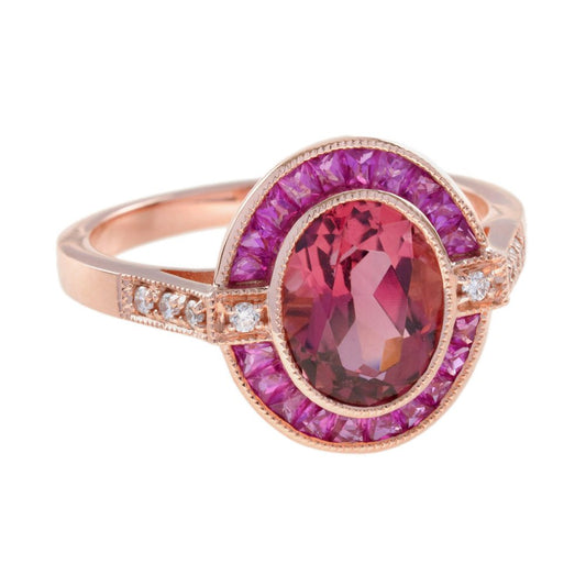 2.20ct Pink Tourmaline and Ruby Oval Target Cluster Engagement Ring in Rose Gold with Diamond Shoulders