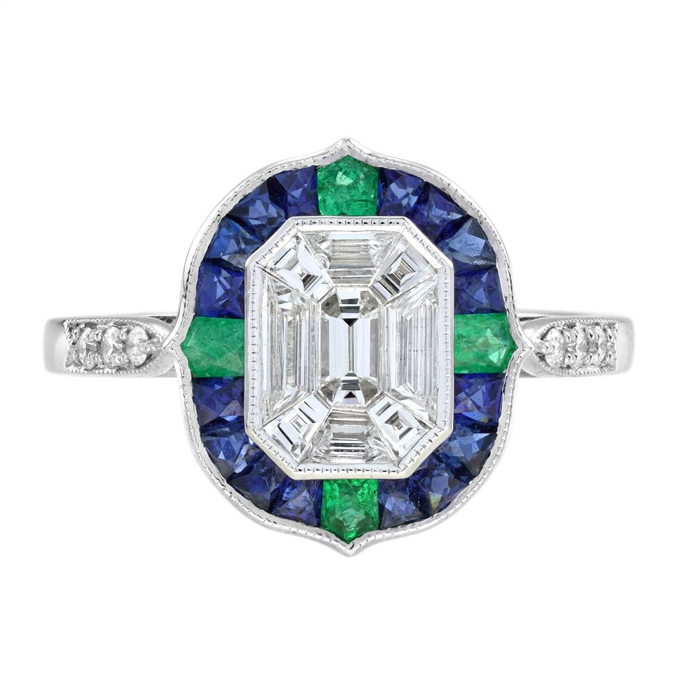 Illusion Set Emerald Cut Diamond with Sapphire and Emerald Halo Cluster Engagement Ring