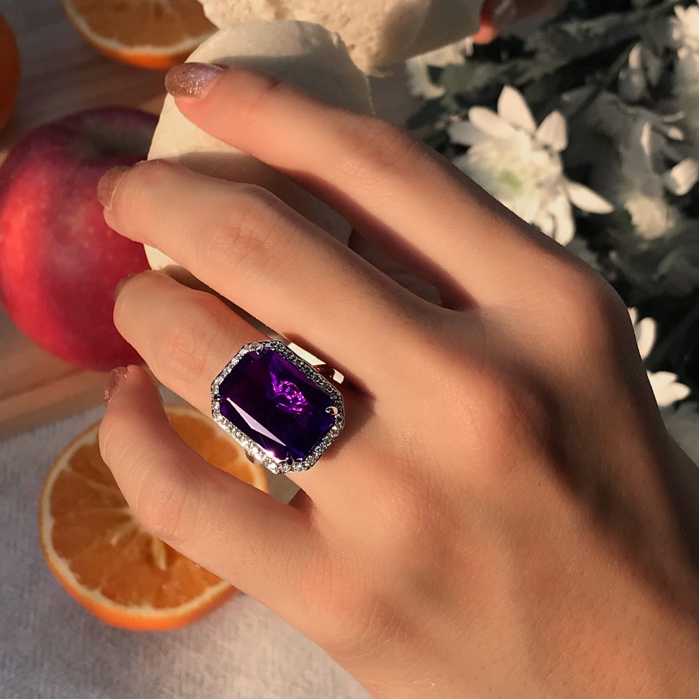 11.75ct Emerald Cut Amethyst and Diamond Cluster Cocktail Ring