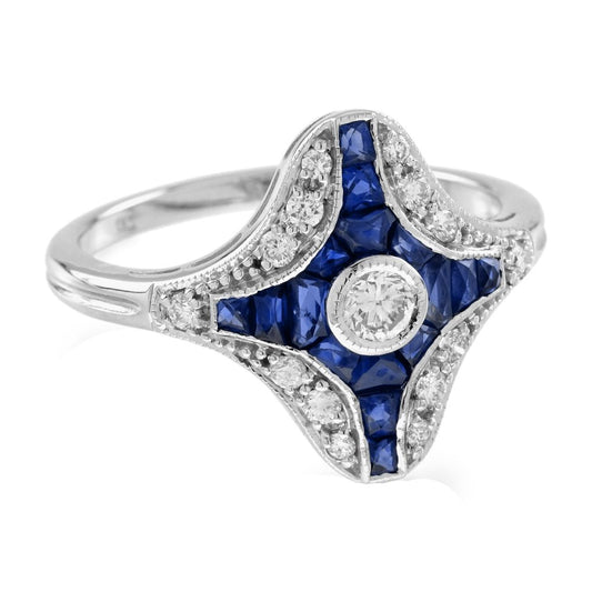 Diamond and Sapphire Navette Cluster Plaque Ring