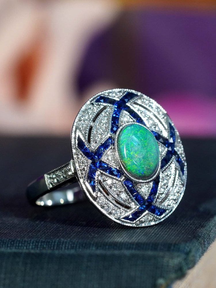 Art Deco Style Black Opal Sapphire and Diamond Cluster Cocktail Ring