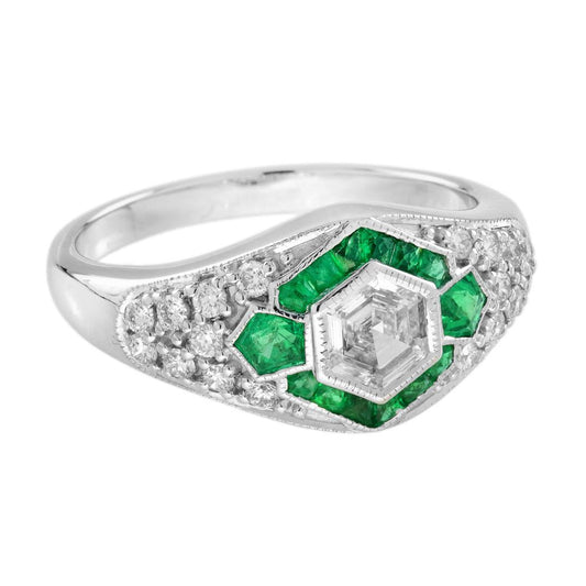 Hexagonal Diamond and Emerald Cluster Engagement Ring, 0.38ct hexagonal-cut diamond surrounded by calibre emerald hexagon border in 18ct white gold with diamond studded shoulders