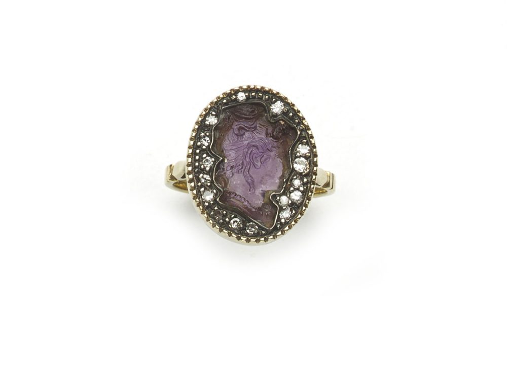Antique Victorian Amethyst Intaglio Diamond Gold Ring