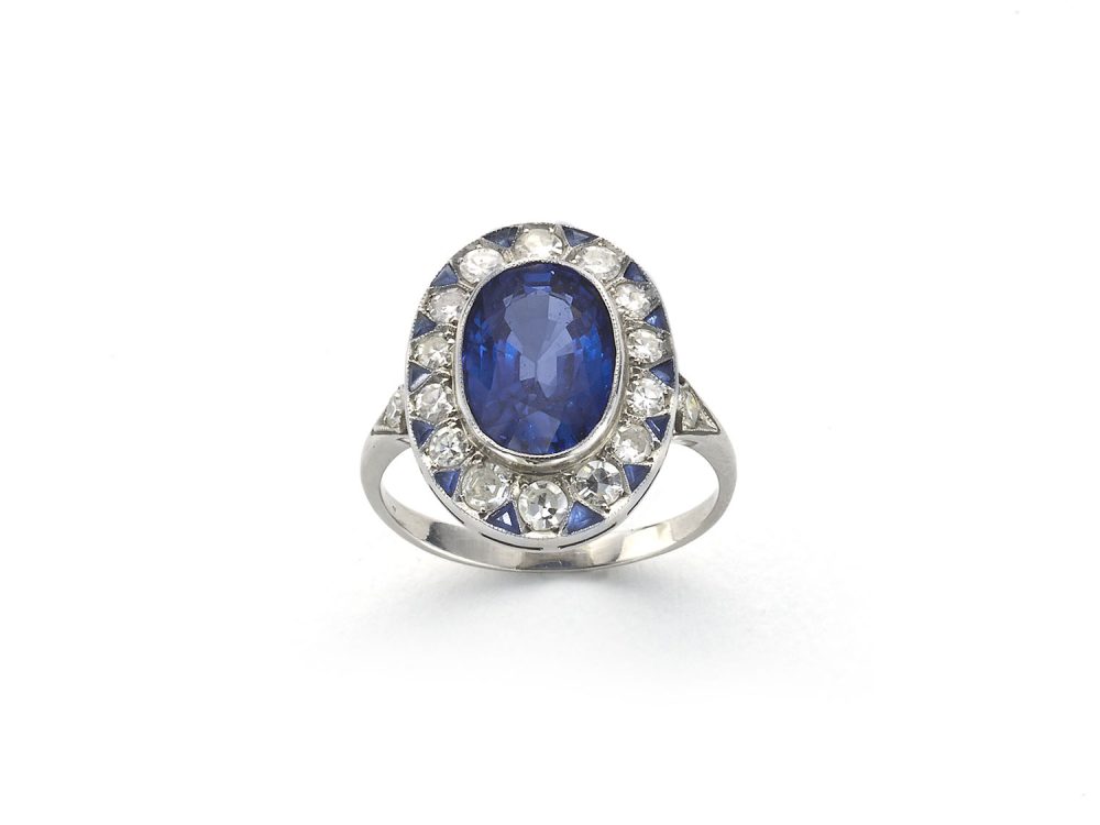 Sapphire Diamond Platinum Cluster Ring