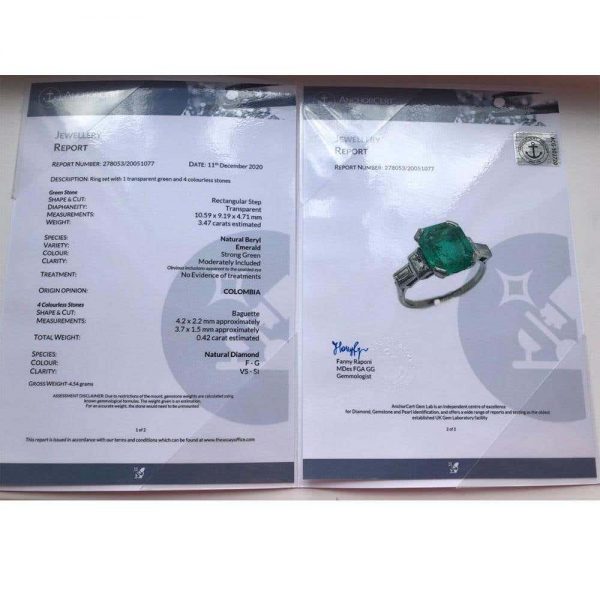 Antique Art Deco Certified Untreated 3.4ct Columbian Emerald and Baguette Diamond Ring