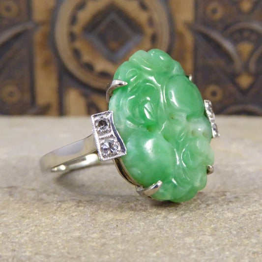 Antique Art Deco Carved Jade & Diamond Ring