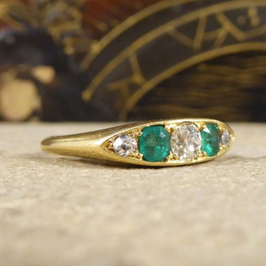 Antique Late Victorian Emerald & Diamond Five Stone Ring
