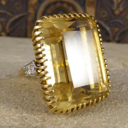 Large Vintage Citrine & Diamond Cocktail Ring