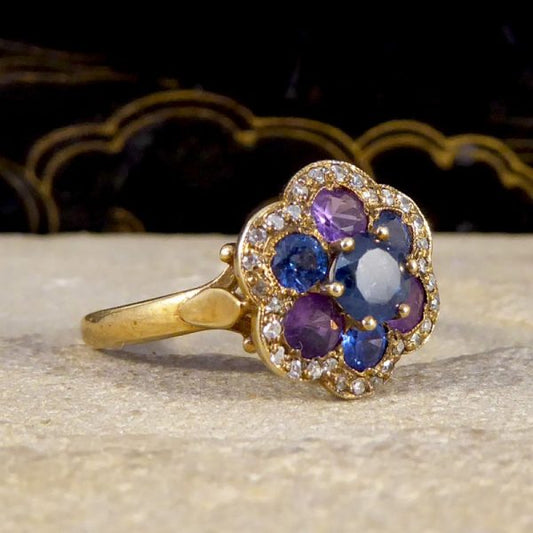 Vintage 1.25ct Blue and Purple Sapphire and Diamond Flower Cluster Ring