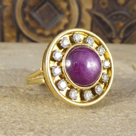 Vintage Cabochon Star Ruby & Diamond Spherical Ring