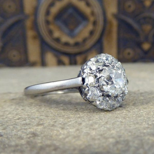 Antique Art Deco 1.30ct Diamond Cluster Ring, 18ct White Gold and Platinum
