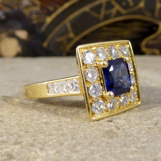 Vintage French Sapphire and Diamond Square Faced Ring