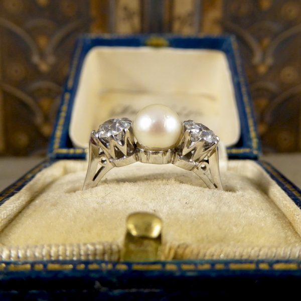 Vintage Pearl and Old European Cut Diamond Three Stone Ring