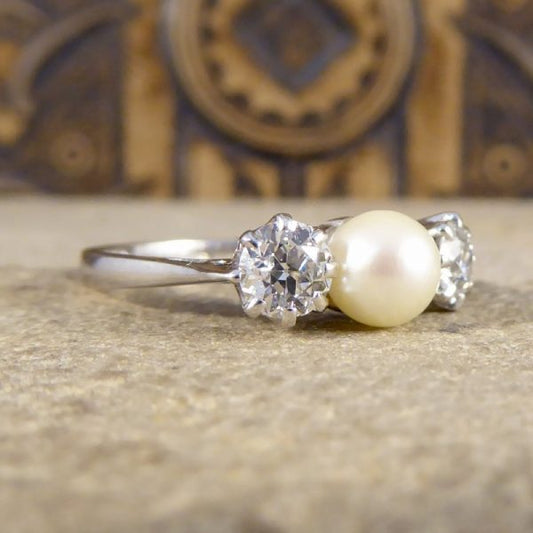 Vintage Pearl and Old European Cut Diamond Three Stone Ring