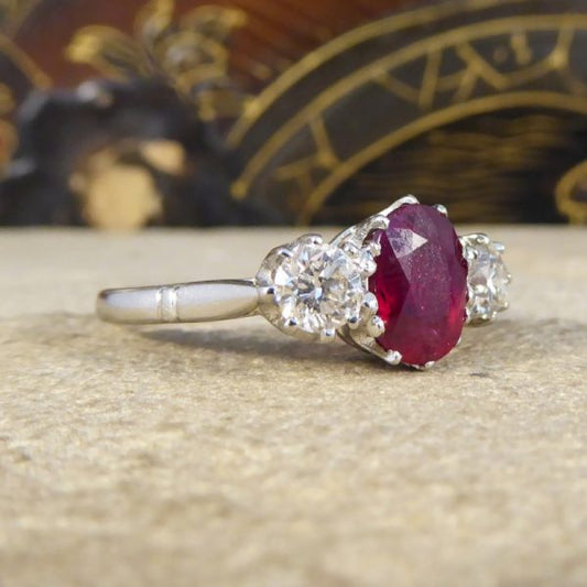 2.00ct Ruby and Diamond Three Stone Ring, Platinum