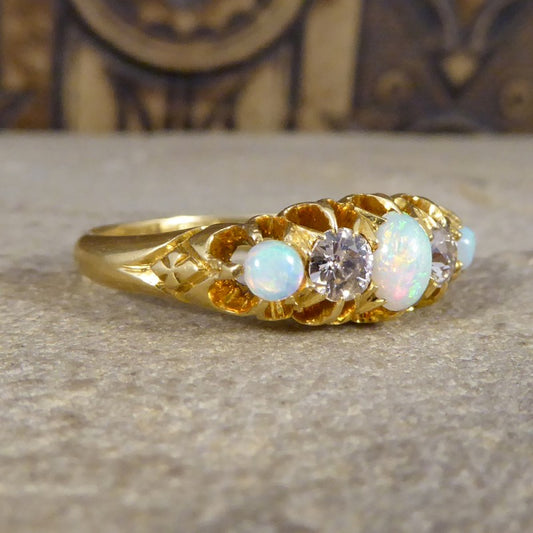 Antique Edwardian Opal and Round Cut Diamond Five Stone Ring