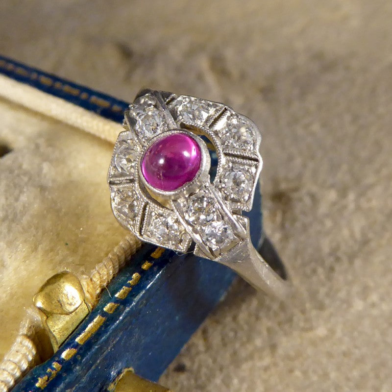 Antique Art Deco 0.25ct Cabochon Ruby and Diamond Ring
