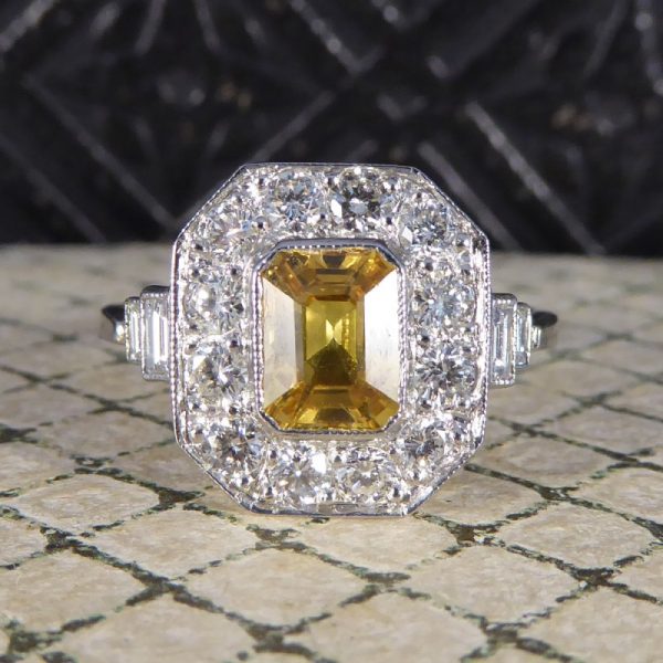 1.70ct Emerald Cut Yellow Sapphire and Diamond Cluster Ring, Platinum