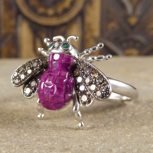Calibre Cut Ruby, Diamond and Emerald Set Bee Ring in 18ct White Gold